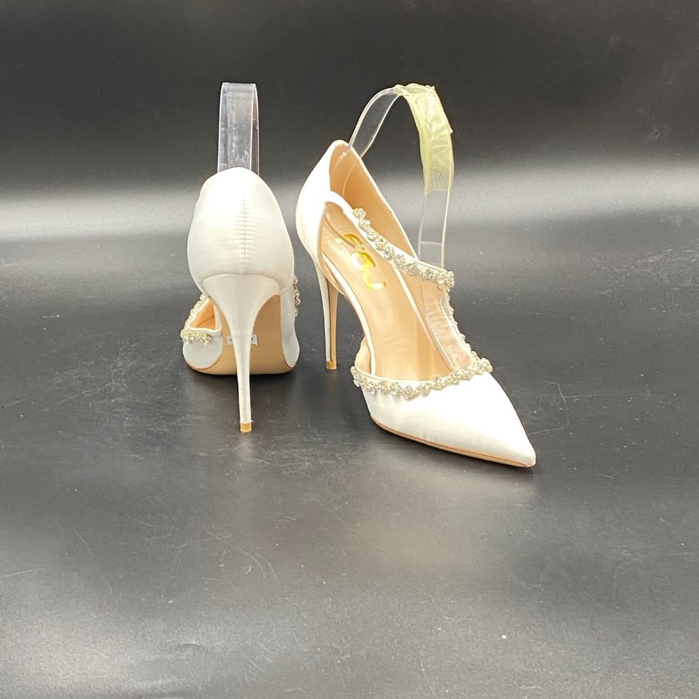 FSJ White Rhinestone Cross Strap Dress High Heel Pointed Toe Sandals - Picture 7 of 10